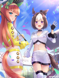 Rule 34 | 2girls, absurdres, alternate costume, animal ears, aqua eyes, black choker, black gloves, blue sky, boots, bow, braid, breasts, brown hair, choker, clothing cutout, commentary request, confetti, cropped jacket, ear bow, ear covers, ear ornament, fingerless gloves, french braid, gloves, hair between eyes, hairband, highres, hime cut, holding, holding umbrella, horse ears, horse girl, horse tail, jacket, lens flare, long hair, long sleeves, looking at viewer, multicolored hair, multiple girls, open mouth, orange hair, outdoors, peteron, purple bow, race queen, shorts, silence suzuka (umamusume), sky, small breasts, smile, special week (umamusume), streaked hair, tail, tail through clothes, thigh boots, umamusume, umbrella, waving, white footwear, white gloves, white hair, white jacket, white shorts, yellow hairband, yellow jacket