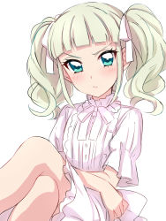 Rule 34 | &gt;:/, 1girl, :/, aikatsu!, aikatsu! (series), aqua eyes, blunt bangs, blush, closed mouth, crossed arms, crossed legs, dress, highres, looking at viewer, puffy short sleeves, puffy sleeves, sekina, short sleeves, silver hair, simple background, sitting, solo, todo yurika, twintails, v-shaped eyebrows, white background, white dress