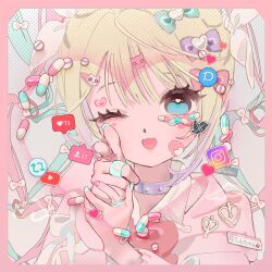 Rule 34 | 1girl, ;d, bandaid, bandaid on face, blonde hair, blue bow, blue eyes, blue hair, blue nails, blush, border, bow, cat hair ornament, character name, choker, chouzetsusaikawa tenshi-chan, collared shirt, commentary, finger gun, hair bow, hair ornament, hairclip, heart, heart hair ornament, highres, hood, hood down, hoodie, instagram logo, like and retweet, long hair, looking at viewer, multicolored hair, multicolored nails, nail polish, name tag, needy girl overdose, official alternate costume, one eye closed, open mouth, phaysungyen, pill, pink border, pink bow, pink hair, pink hoodie, pink nails, pixiv logo, pointing, pointing at viewer, portrait, purple bow, quad tails, shirt, smile, solo, symbol-only commentary, twintails, twitter logo, white shirt, youtube logo