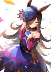 Rule 34 | 1girl, ^ ^, absurdres, animal ears, bare shoulders, blue flower, blue hat, blue rose, blush, brown hair, closed eyes, commentary request, confetti, crying, dress, flower, fur collar, hair over one eye, hands up, hat, hat flower, highres, horse ears, lens flare, long hair, long sleeves, maeshimashi, off-shoulder dress, off shoulder, pink sleeves, purple dress, rice shower (umamusume), rose, sheath, sheathed, simple background, smile, solo, tears, umamusume, very long hair, white background