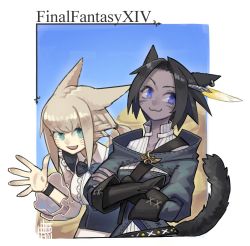 Rule 34 | 2girls, :3, :d, animal ears, warrior of light (ff14), black bow, black hair, blonde hair, blue sky, bow, breasts, cat ears, cat tail, closed mouth, commentary, copyright name, crossed arms, day, earrings, facial mark, feather hair ornament, feathers, final fantasy, final fantasy xiv, fingernails, green eyes, hair ornament, highres, jacket, jewelry, large breasts, long sleeves, miqo&#039;te, multiple girls, open mouth, outdoors, purple eyes, short hair, signature, sky, smile, tail, tostantan, waving, whisker markings, wing collar, wristband