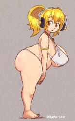 Rule 34 | 1girl, blonde hair, breasts, brown eyes, fat, full body, headphones, huge breasts, nitroplus, solo, standing, super pochaco, swimsuit, twintails