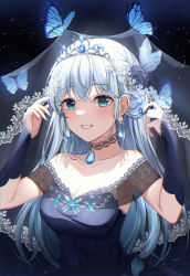 Rule 34 | 1girl, :d, absurdres, aqua eyes, bare shoulders, black choker, blue dress, blue gemstone, blue nails, blush, breasts, bug, butterfly, butterfly on hand, choker, cleavage, collarbone, covered navel, dress, earrings, gem, glint, highres, huge filesize, insect, jewelry, long hair, looking at viewer, medium breasts, nail polish, off-shoulder dress, off shoulder, open mouth, original, silver hair, smile, solo, sparkle, tiara, upper body, veil, yulha 06