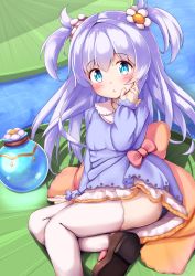 Rule 34 | 1girl, :o, baikamo (flower knight girl), blue eyes, blue shirt, blush, bow, brown footwear, child, commentary request, day, flower, flower knight girl, hair between eyes, hair flower, hair ornament, hand up, highres, lily pad, long hair, long sleeves, looking at viewer, mochiyuki, outdoors, parted lips, puffy long sleeves, puffy sleeves, purple hair, red bow, shirt, shoe soles, shoes, skirt, sleeves past wrists, solo, thighhighs, two side up, very long hair, water, white flower, white skirt, white thighhighs