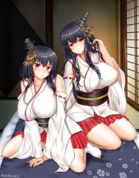 Rule 34 | 2girls, black hair, blush, breasts, detached sleeves, fusou (kancolle), futon, hair ornament, highres, kantai collection, large breasts, long hair, looking at viewer, multiple girls, nontraditional miko, red eyes, short hair, skirt, smile, ura tomomi, wide sleeves, yamashiro (kancolle)