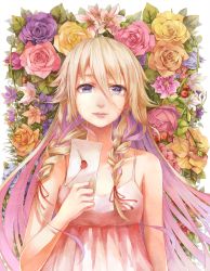 Rule 34 | 1girl, blonde hair, blue eyes, blush, calligraphy brush (medium), closed mouth, crying, crying with eyes open, dress, envelope, flower, heart, ia (vocaloid), long hair, looking at viewer, rose, ryuu32, smile, solo, tears, upper body, vocaloid, white dress