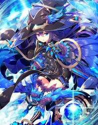 Rule 34 | 1girl, bird legs, blue eyes, book, breasts, feather trim, feathers, gauntlets, hat, heterochromia, highres, ichiyan, long hair, looking at viewer, monster girl, original, purple eyes, purple hair, small breasts, solo, witch hat