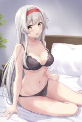 Rule 34 | 1girl, absurdres, arm support, black bra, black panties, bra, breasts, cleavage, collarbone, commentary request, commission, grey hair, hairband, highres, indoors, kantai collection, large breasts, long hair, looking at viewer, monoku, navel, on bed, open mouth, panties, red hairband, shoukaku (kancolle), sitting, skeb commission, smile, solo, underwear, underwear only, yellow eyes, yokozuwari