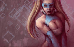 Rule 34 | 1990s (style), 1girl, bare shoulders, ben newman, blonde hair, breasts, cleavage, clothing cutout, female focus, gradient background, halterneck, large breasts, lips, long hair, mask, nose, rainbow mika, retro artstyle, shoulder cutout, solo, street fighter, street fighter zero (series), twintails, upper body, v arms