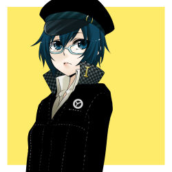 Rule 34 | 1girl, androgynous, arms at sides, atlus, blue eyes, blue hair, breasts, cabbie hat, crossdressing, flat chest, glasses, hair between eyes, hat, jacket, lips, looking away, matching hair/eyes, persona, persona 4, reverse trap, school uniform, shimizu kokeshi, shirogane naoto, short hair, simple background, solo, standing, wavy hair