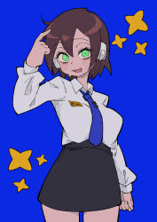 Rule 34 | 1girl, absurdres, aile (mega man zx), black skirt, blue background, blue necktie, blush, brown hair, buzzlyears, character name, clenched hand, collared shirt, cowboy shot, finger to head, green eyes, highres, mega man (series), mega man zx, name tag, necktie, office lady, robot ears, shirt, short hair, simple background, skirt, solo, star (symbol), sweat