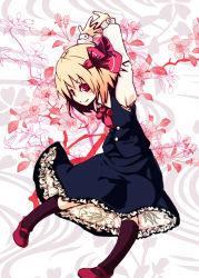 Rule 34 | 1girl, arms behind head, black dress, blonde hair, brown socks, dress, embodiment of scarlet devil, female focus, floral background, hair ribbon, kneehighs, mary janes, murani, necktie, own hands clasped, own hands together, petticoat, red eyes, ribbon, rumia, shoes, short hair, smile, socks, solo, stretching, touhou, vest