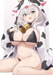 Rule 34 | 1girl, bell, bikini, black bikini, breasts, commentary request, cowbell, green eyes, grey hair, heart, highres, hololive, large breasts, looking at viewer, medium hair, mou tama maru, navel, open mouth, shirogane noel, solo, stomach, swimsuit, underboob, virtual youtuber