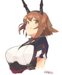 Rule 34 | 1girl, breasts, brown hair, cropped torso, dated, green eyes, headgear, highres, kantai collection, large breasts, mutsu (kancolle), mutsu kai ni (kancolle), one-hour drawing challenge, short hair, short sleeves, simple background, smile, solo, umi owl, white background