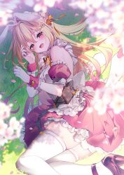 Rule 34 | 1girl, ahoge, animal ears, black footwear, blonde hair, blurry, blurry foreground, bow, bow legwear, cherry blossoms, cone hair bun, detached sleeves, dress, falling petals, fang, floating hair, frilled dress, frills, hair between eyes, hair bow, hair bun, hikikomari kyuuketsuki no monmon, long hair, looking at viewer, lying, multicolored hair, official art, on side, open mouth, outdoors, petals, pink dress, pink hair, rabbit ears, red eyes, riichu, short sleeves, smile, solo, terakomari gandezblood, thighhighs, white thighhighs, yellow bow, zettai ryouiki
