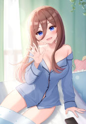 Rule 34 | 1girl, :d, absurdres, bare shoulders, bed, blue eyes, blue pajamas, breasts, cellphone, cleavage, collarbone, curtains, go-toubun no hanayome, hair between eyes, hand up, highres, indoors, long hair, long sleeves, looking at viewer, nakano miku, on bed, open mouth, pajamas, phone, red hair, sitting, smile, solo, thighs, window, yukiunag1