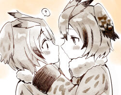 Rule 34 | 2girls, ?, animal ears, blush, eurasian eagle owl (kemono friends), eye contact, eyelashes, fur collar, greyscale with colored background, head wings, highres, kemono friends, long sleeves, looking at another, monochrome, multiple girls, northern white-faced owl (kemono friends), short hair, spoken question mark, suicchonsuisui, upper body, wings, yuri