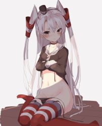 Rule 34 | 1girl, amatsukaze (kancolle), bad id, bad pixiv id, black panties, blush, breasts, brown eyes, closed mouth, gloves, gradient background, kantai collection, lifebuoy, long hair, long sleeves, looking at viewer, panties, red thighhighs, school uniform, serafuku, side-tie panties, silver hair, sitting, small breasts, solo, stardust-kun, striped clothes, striped thighhighs, swim ring, thighhighs, twintails, two side up, underwear, untied panties, wariza, white gloves