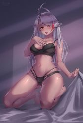Rule 34 | 1girl, absurdres, azur lane, barefoot, bed sheet, black bra, black nails, black panties, blush, bra, breasts, brown eyes, cameltoe, commentary request, eyes visible through hair, filin, full body, hand on own chest, hand up, highres, kneeling, legs, long hair, looking at viewer, multicolored hair, nail polish, navel, o-ring, o-ring top, open mouth, panties, prinz eugen (azur lane), red hair, sheet grab, signature, silver hair, solo, streaked hair, tongue, tongue out, two-tone hair, underwear, underwear only, very long hair