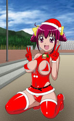 Rule 34 | 10s, 1girl, bell, neck bell, bra, breastless clothes, breasts, cameltoe, christmas, collar, covered erect nipples, frills, gloves, hat, highres, hoshizora miyuki, panties, precure, santa hat, smile precure!, solo, tagme, thighhighs, underwear, yosio