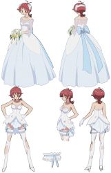 Rule 34 | 00s, 1girl, aoi anna, bare legs, bare shoulders, breasts, character sheet, cleavage, dress, female focus, full body, kimura takahiro, looking at viewer, official art, red eyes, red hair, shinkon gattai godannar!!, short hair, smile, solo, standing, torn clothes, torn dress, torn wedding dress, wedding dress, white background