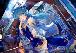 Rule 34 | 1girl, :o, ahoge, air bubble, animal, blue dress, blue eyes, blue hair, blue sky, blue sleeves, blush, bubble, building, clock, cloud, cloudy sky, commentary request, day, detached sleeves, dress, dutch angle, fish, floating hair, gradient hair, highres, jellyfish, king&#039;s raid, lamp, lilia (king&#039;s raid), long hair, long sleeves, looking at viewer, multicolored hair, outdoors, parted lips, pointy ears, roman numeral, seneto, short dress, sky, sleeveless, sleeveless dress, sleeves past fingers, sleeves past wrists, solo, train, turtle, underwater, very long hair, wide sleeves, window