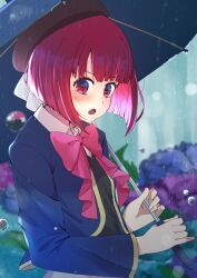 Rule 34 | 1girl, absurdres, arima kana, beret, black hat, black vest, blue jacket, blue umbrella, blunt bangs, blurry, blurry background, blush, bob cut, bow, bowtie, collared shirt, commentary, cowboy shot, depth of field, flower, hat, hat bow, highres, holding, holding umbrella, hydrangea, inverted bob, jacket, long sleeves, looking at viewer, medium hair, no pupils, open clothes, open jacket, open mouth, oshi no ko, outdoors, pink bow, pink bowtie, rain, red eyes, red hair, ryougen (koh y1), school uniform, shirt, solo, umbrella, vest, water drop, white bow, white shirt, youtou high school uniform
