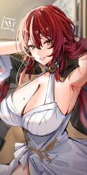 Rule 34 | !, !!, 1girl, armpits, breasts, chinese commentary, cleavage, commentary request, dress, halter dress, halterneck, highres, himeko (honkai: star rail), honkai: star rail, honkai (series), horn/wood, large breasts, long hair, looking at viewer, mole, mole on breast, parted lips, red hair, smile, solo, white dress, yellow eyes