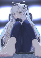 Rule 34 | 1girl, ass, barefoot, black gloves, black pants, blue archive, blurry, blurry background, blush, commentary request, feet, flower, foot focus, gloves, grey hair, hair flower, hair ornament, hair tubes, hairband, halo, highres, himari (blue archive), jacket, knees up, long hair, long sleeves, looking at viewer, mole, mole under eye, no shoes, open mouth, pants, parted bangs, partial commentary, pointy ears, powered wheelchair, purple eyes, sitting, soles, solo, striped clothes, striped hairband, sweat, syimo, toenails, toes, wet, wheelchair, white hair, white jacket