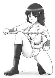 Rule 34 | 1girl, breasts, cleavage, closed mouth, collarbone, fundoshi, girls und panzer, gluteal fold, greyscale, highres, hiyama yuu (wee259hiyama), japanese clothes, large breasts, long hair, looking at viewer, mizu happi, monochrome, murakami (girls und panzer), on one knee, rope, smile, solo