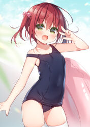 Rule 34 | 1girl, :d, bare arms, bare shoulders, black one-piece swimsuit, blurry, blurry background, blush, breasts, collarbone, commentary request, covered navel, depth of field, fang, green eyes, hair between eyes, hair bobbles, hair ornament, hanamiya natsuka, innertube, looking at viewer, old school swimsuit, one-piece swimsuit, open mouth, original, red hair, school swimsuit, sidelocks, small breasts, smile, solo, strap slip, swim ring, swimsuit, thighhighs, twintails, v over eye, white thighhighs