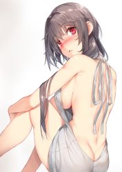 Rule 34 | 1girl, artist request, back, backless dress, backless outfit, bare back, bare shoulders, blush, breasts, butt crack, dimples of venus, drawstring, dress, grey hair, grey sweater, hair between eyes, halterneck, knees up, konomi (yappen), konomi (yatsu), large breasts, long hair, looking at viewer, looking back, meme attire, naked sweater, nose blush, original, parted lips, red eyes, ribbed sweater, sideboob, simple background, sitting, solo, spread legs, sweater, sweater dress, turtleneck, turtleneck sweater, virgin killer sweater, white background, yappen, yatsu (sasuraino)