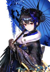 Rule 34 | 1girl, absurdres, asymmetrical horns, black hair, black kimono, blue hair, blush, colored inner hair, demon horns, feather-trimmed kimono, hair ornament, highres, hololive, hololive english, horns, japanese clothes, kimono, looking at viewer, mole, mole under eye, multicolored hair, nerissa ravencroft, nerissa ravencroft (new year), official alternate costume, official alternate hairstyle, red eyes, simple background, solo, sowon, uneven horns, virtual youtuber, white background