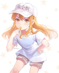 Rule 34 | 10s, 1girl, bad id, bad pixiv id, blonde hair, brown eyes, brown shorts, character name, floating hair, hair between eyes, hand on own hip, hat, hataraku saibou, highres, leaning forward, long hair, platelet (hataraku saibou), shirt, short shorts, short sleeves, shorts, simple background, solo, soyubee, standing, star (symbol), whistle, white background, white hat, white shirt
