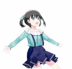 Rule 34 | 1girl, :d, bad id, bad pixiv id, black hair, blouse, blue skirt, bow, collarbone, commentary request, cowboy shot, green bow, green eyes, green shirt, hair between eyes, hair bow, long sleeves, looking away, mashiromi noah, open mouth, original, outstretched arms, pleated skirt, shirt, simple background, skirt, smile, solo, spread arms, suspender skirt, suspenders, twintails, white background