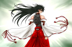 Rule 34 | 1girl, archer (fate), ass, bare shoulders, black eyes, black hair, clenched hands, detached sleeves, fate/stay night, fate (series), female focus, from behind, gradient background, hakama, hakama pants, highres, japanese clothes, ledjoker07, leotard, long hair, looking back, m.u.g.e.n, muscular, nontraditional miko, original, pants, red hakama, scar, sendai hakurei no miko, smile, solo, tassel, touhou