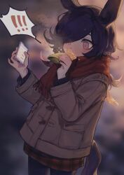 Rule 34 | !, 1girl, animal ears, apple pie, blurry, blurry background, blush, bow, brown bow, brown coat, brown hair, cellphone, coat, commentary, cowboy shot, food, hair over one eye, highres, holding, holding food, holding phone, horse ears, horse girl, horse tail, kokemozuku, long hair, long sleeves, phone, pie, pink eyes, red skirt, rice shower (umamusume), scarf, skirt, smartphone, solo, spoken exclamation mark, standing, steam, symbol-only commentary, tail, umamusume