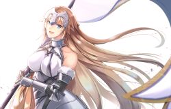 Rule 34 | 1girl, armor, armored dress, banner, blonde hair, blue eyes, breasts, commentary request, dress, fate/apocrypha, fate/grand order, fate (series), floating hair, hair blowing, headpiece, holding, holding weapon, jeanne d&#039;arc (fate), jeanne d&#039;arc (ruler) (fate), jeanne d&#039;arc (third ascension) (fate), kina izu, large breasts, long hair, looking at viewer, revision, simple background, smile, solo, standing, very long hair, weapon, white background, wind