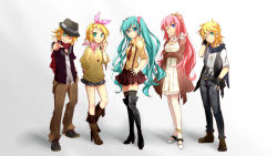 Rule 34 | 2boys, 3girls, boots, bow, casual, dress, fishnet pantyhose, fishnets, hair bow, haru aki, hat, hatsune miku, highres, jewelry, kagamine len, kagamine len (append), kagamine rin, megurine luka, multiple boys, multiple girls, necklace, necktie, pantyhose, plaid, skirt, sleeves pushed up, thigh boots, thighhighs, vocaloid, vocaloid append, zettai ryouiki
