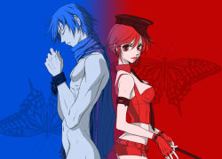 Rule 34 | 1boy, 1girl, back-to-back, blue hair, blue scarf, blue theme, bug, butterfly, clothed female nude male, couple, fingerless gloves, gloves, hat, hetero, insect, kaito (vocaloid), lips, meiko (vocaloid), naked scarf, necktie, nude, red eyes, red hair, red theme, scarf, short hair, standing, tayuta sango, vocaloid