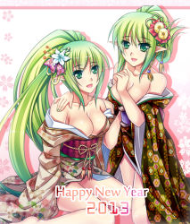Rule 34 | 10s, 2013, 2girls, bare shoulders, barefoot, breasts, cleavage, collarbone, dual persona, elsword, floral background, flower, gradient background, green eyes, green hair, hair flower, hair ornament, happy new year, japanese clothes, kimono, large breasts, lily (flower), long hair, multiple girls, nail polish, new year, no bra, no panties, pink background, ponytail, rena erindel, short hair, smile, tsukimi kirara, white background