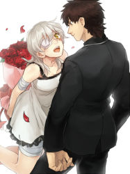 Rule 34 | 1boy, 1girl, bad id, bad pixiv id, black eyes, bouquet, brown hair, claudia hortensia, couple, eyepatch, fate/stay night, fate/zero, fate (series), flower, hetero, husband and wife, kotomine kirei, ruchi, short hair, white hair, yellow eyes