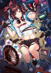 Rule 34 | 1girl, bandeau, belt, black belt, black gloves, black shorts, blue hoodie, bow, breasts, brown hair, cd, crop top, electricity, fingerless gloves, from above, gloves, gt-apex, hairband, headphones, headphones around neck, highres, hood, hoodie, kizuna ai, kizuna ai (a.i. games), kizuna ai inc., lying, midriff, mouse (animal), multicolored hair, navel, official alternate costume, on back, open clothes, open hoodie, outstretched arm, phonograph, pink bow, pink hair, pink hairband, pink ribbon, pouch, ribbon, short shorts, short sleeves, shorts, small breasts, solo, streaked hair, stuffed animal, stuffed toy, swept bangs, teddy bear, torn ribbon, virtual youtuber, white shorts