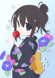 Rule 34 | 1girl, black eyes, black hair, black kimono, blue background, candy apple, closed mouth, commentary request, floral print, flower, food, gradient background, hair between eyes, hair bun, highres, holding, holding food, japanese clothes, kimono, looking at viewer, looking to the side, morning glory, morning glory print, obi, oekaki, original, pink flower, print kimono, purple flower, rensei, sash, solo, white background, yukata