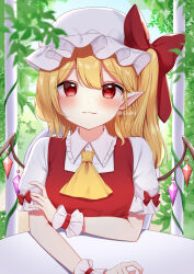 Rule 34 | 1girl, absurdres, ascot, bad id, bad twitter id, blonde hair, blue sky, blush, bow, breasts, buttons, closed mouth, collared shirt, commentary, crystal, dress, flandre scarlet, garden, hair between eyes, hand up, hat, hat bow, heart, heart-shaped pupils, highres, jewelry, leaf, looking at viewer, mob cap, multicolored wings, one side up, outdoors, photoshop (medium), plant, pointy ears, puffy short sleeves, puffy sleeves, red bow, red dress, red eyes, shinonome asu, shirt, short hair, short sleeves, sitting, sky, small breasts, smile, solo, symbol-shaped pupils, table, touhou, twitter username, white hat, white shirt, wings, wrist cuffs, yellow ascot