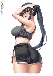 Rule 34 | 1girl, ass, black hair, black shorts, blush, breasts, brown eyes, cowboy shot, cropped legs, ebifurya, grey sports bra, hair between eyes, highres, kantai collection, large breasts, long hair, one-hour drawing challenge, open mouth, ponytail, shorts, simple background, smile, solo, sports bra, twitter username, very long hair, white background, yahagi (kancolle)