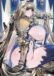 Rule 34 | 1girl, absurdly long hair, absurdres, arm at side, arm support, arm up, armor, ass, blonde hair, blue dress, blue gloves, blue thighhighs, blunt bangs, breast curtains, breasts, breasts out, commentary request, commission, covered erect nipples, curtains, detached collar, dragon print, dress, flag, flower, flower print, gauntlets, gloves, gold trim, gorget, greatsword, greaves, green eyes, hair flower, hair ornament, hairband, high heels, highres, hip bones, holding, holding sword, holding weapon, houden eizou, huge ass, huge breasts, knight, lace, lace-trimmed legwear, lace trim, legs, legs together, lily (flower), long hair, looking at viewer, looking to the side, no bra, no panties, original, paid reward available, parted lips, pauldrons, pelvic curtain, petals, planted, planted sword, planted weapon, reflection, reflective floor, revealing clothes, see-through, shiny skin, shoulder armor, shrug (clothing), side slit, sideboob, sideless outfit, sidelocks, skeb commission, skindentation, solo, squatting, sword, thick thighs, thighhighs, thighs, turtleneck, underwear, vambraces, very long hair, weapon, white flower, wide hips