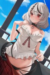 Rule 34 | 1girl, absurdres, black collar, black hair, black panties, blue sky, breasts, camisole, cleavage, cloud, collar, frilled camisole, frills, grey hair, hair ornament, heart collar, highres, hololive, kinuta racoon, large breasts, looking at viewer, multicolored hair, panties, pendant collar, plaid, plaid vest, red eyes, red skirt, sakamata chloe, skirt, sky, solo, streaked hair, two-tone hair, underwear, vest, virtual youtuber, white camisole, x hair ornament