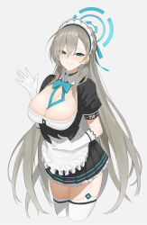 Rule 34 | 1girl, absurdres, apron, asuna (blue archive), blue archive, blue eyes, breasts, cleavage, collar, elbow gloves, garter straps, gloves, grey hair, hand on own stomach, highres, large breasts, leaning forward, long hair, looking at viewer, maid, maid apron, maid headdress, miniskirt, mole, mole on breast, neckwear between breasts, ribbon, skirt, smile, solo, takita (takita3411), thighhighs, waving, white thighhighs