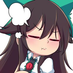 Rule 34 | 1girl, :t, blush, bmkro, bow, brown hair, closed eyes, closed mouth, commentary, english commentary, frilled shirt collar, frills, green bow, hair bow, long hair, lowres, photoshop (medium), pout, reiuji utsuho, shirt, simple background, smile, solo, touhou, transparent background, upper body, v-shaped eyebrows, white shirt